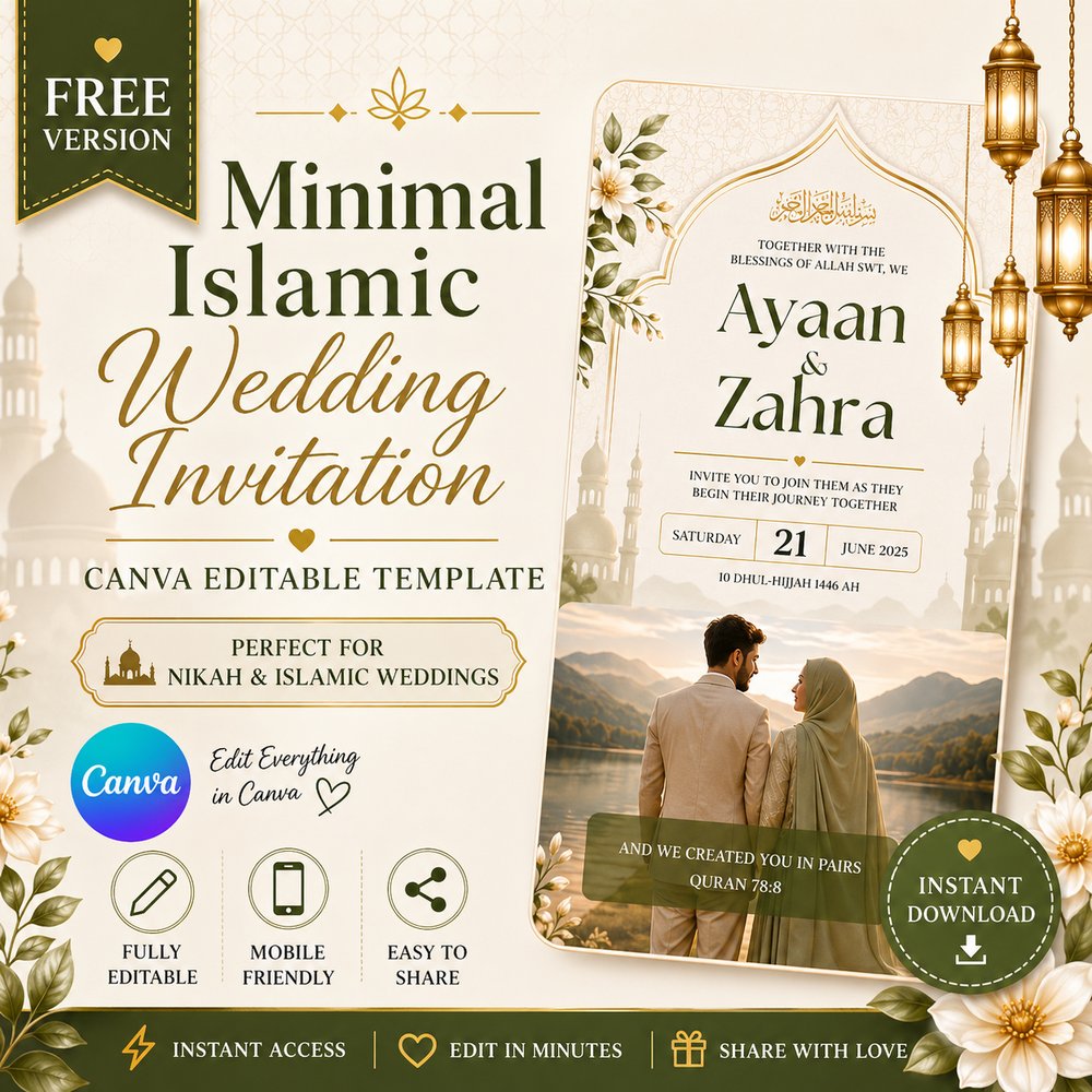 Minimal Islamic Nikah Wedding Invitation Template preview